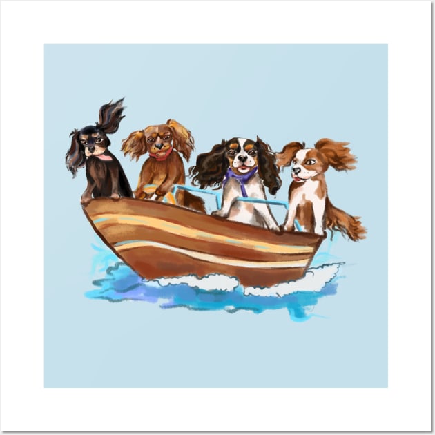 4 Cavalier King Charles Spaniels on a Boat Wall Art by Cavalier Gifts